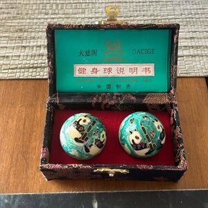 VINTAGE Dacige  Chinese BAODING CHIMING IRON BALLS BRASS ENAMEL Panda